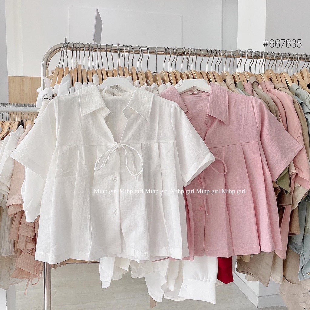 Áo Kiểu Cổ Sơ Mi Thắt Nơ Vạt Xếp Ly, Áo Kiểu Baby Doll