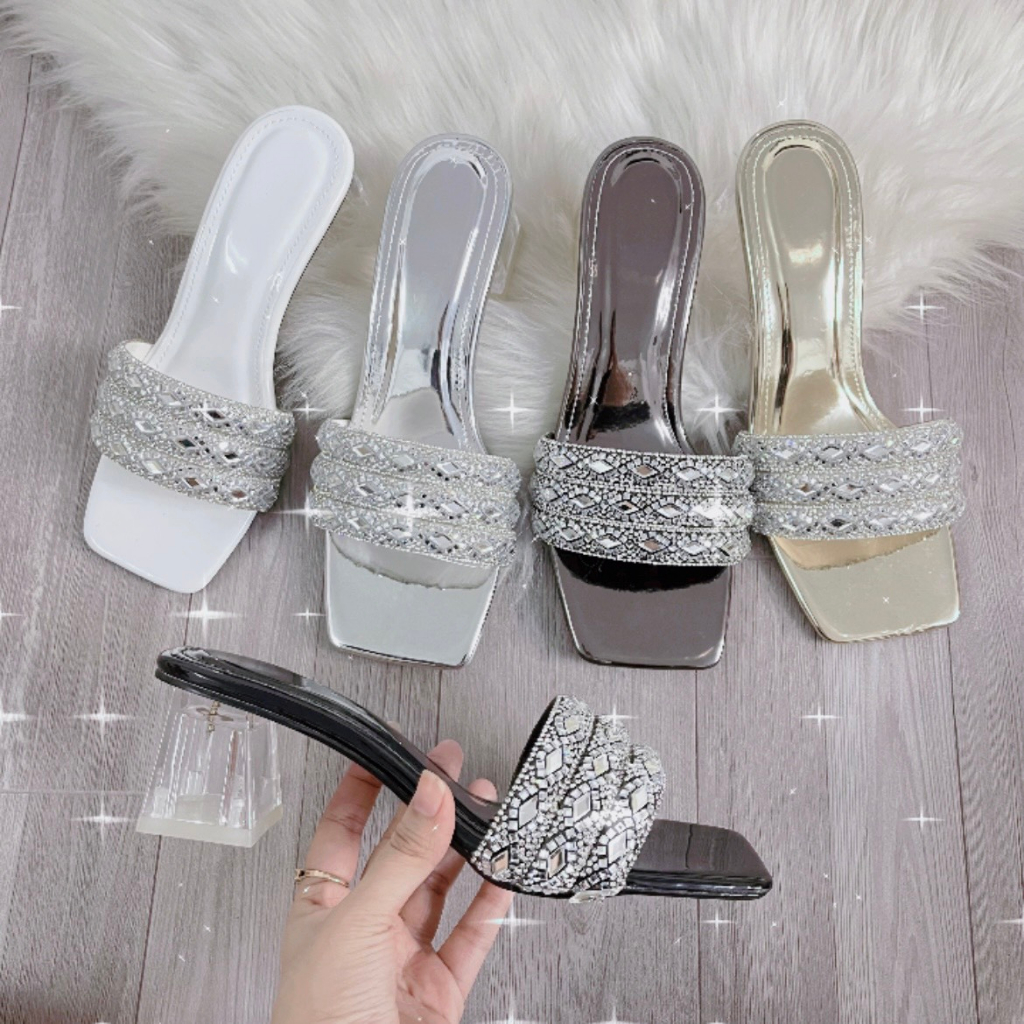 Giày cao gót 5cm gót trong quai bảng dây ngang đính đá loại lấp lánh guốc party tiệc đẹp rẻ