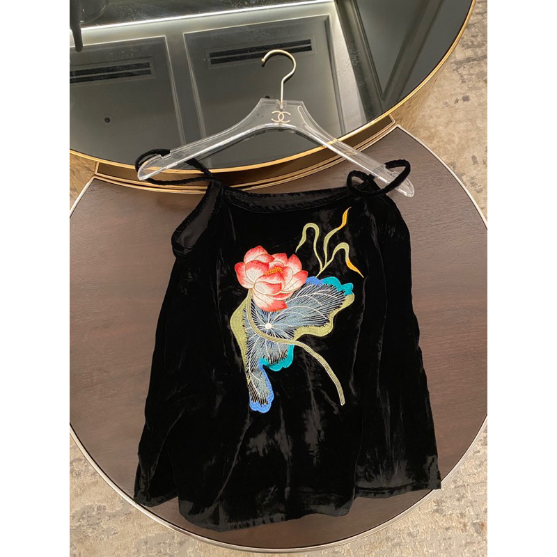 Set bộ nhung the áo hai dây thêu hoa ngực