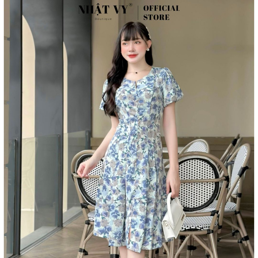 Đầm hoa công sở Nhật Vy tay bí cổ tròn cách điệu chất mango nhẹ nhàng phù hợp đi chơi cafe sang chảnh - D2836