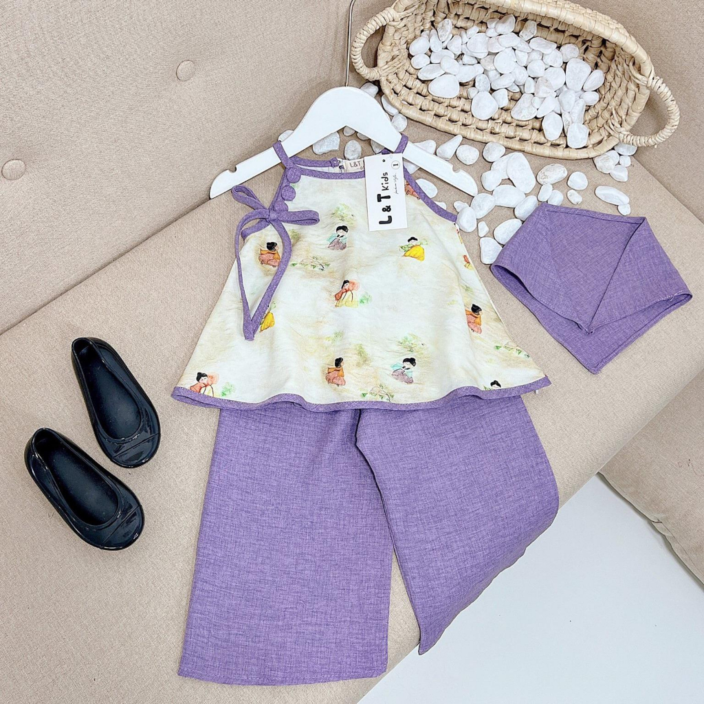 [S148] - Bộ áo yếm quần tím  in họa tiết và khăn , phù hợp đi chơi cho bé chất Đũi mềm mại dễ chịu Thoải mái - Tiny WIny