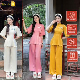 Bộ đồ đi lễ chùa, pháp phục đi chùa thêu hạc chất liệu lụa mango cao cấp - Pháp phục Mộc An - PP09