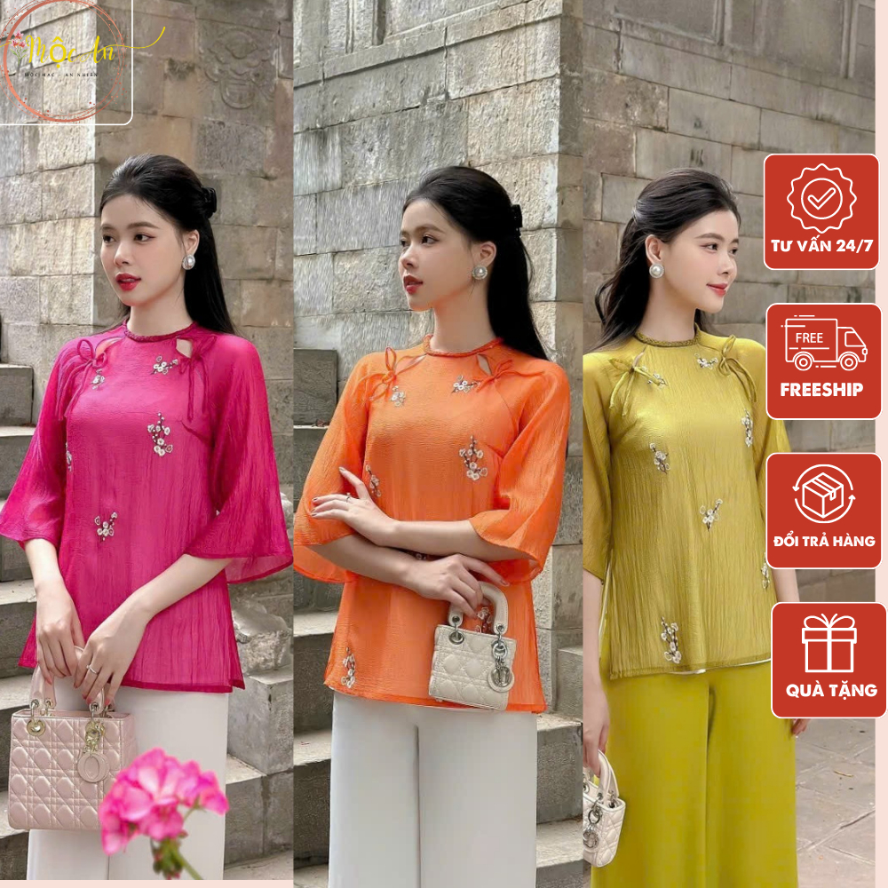 Pháp phục đi chùa, bộ đồ đi lễ chất liệu tơ thêu hoa cao cấp - Pháp phục Mộc An - PP03