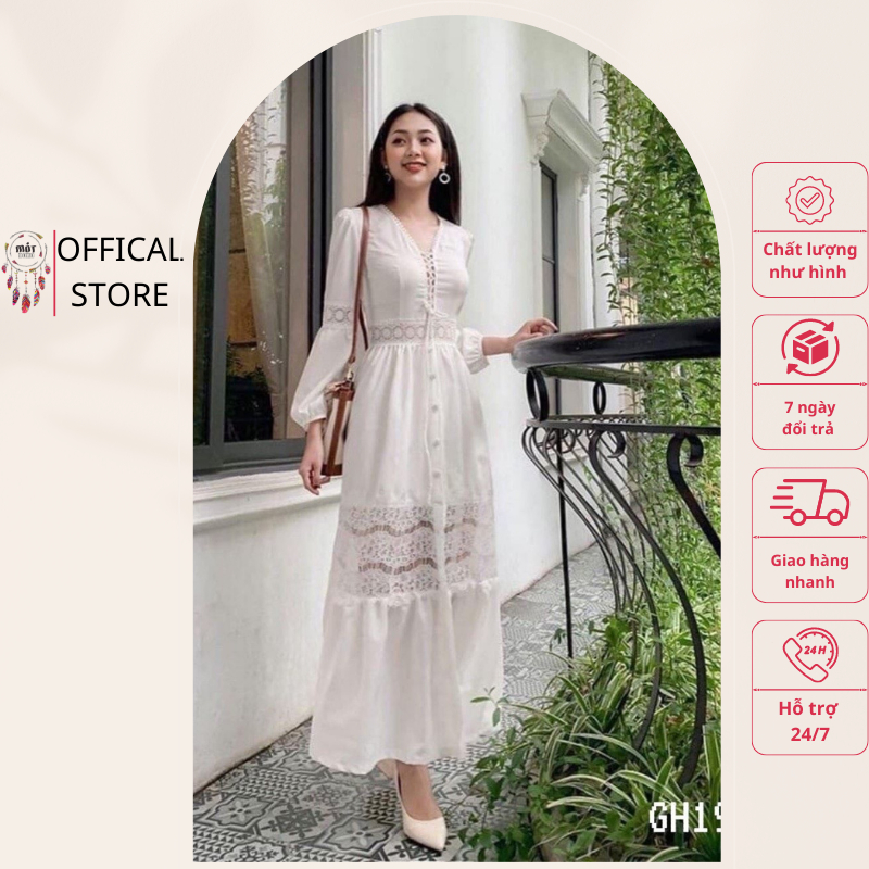 Váy trắng tay bồng pha viền ren eo