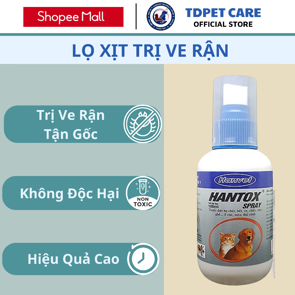 Lọ Xịt Ve Chó Bọ Chét Rận Mèo Dành Cho Chó Mèo TD HanTox Xịt 100ml - Xịt Ngừa Ve Bọ Chét Cho Chó Mèo Hantox