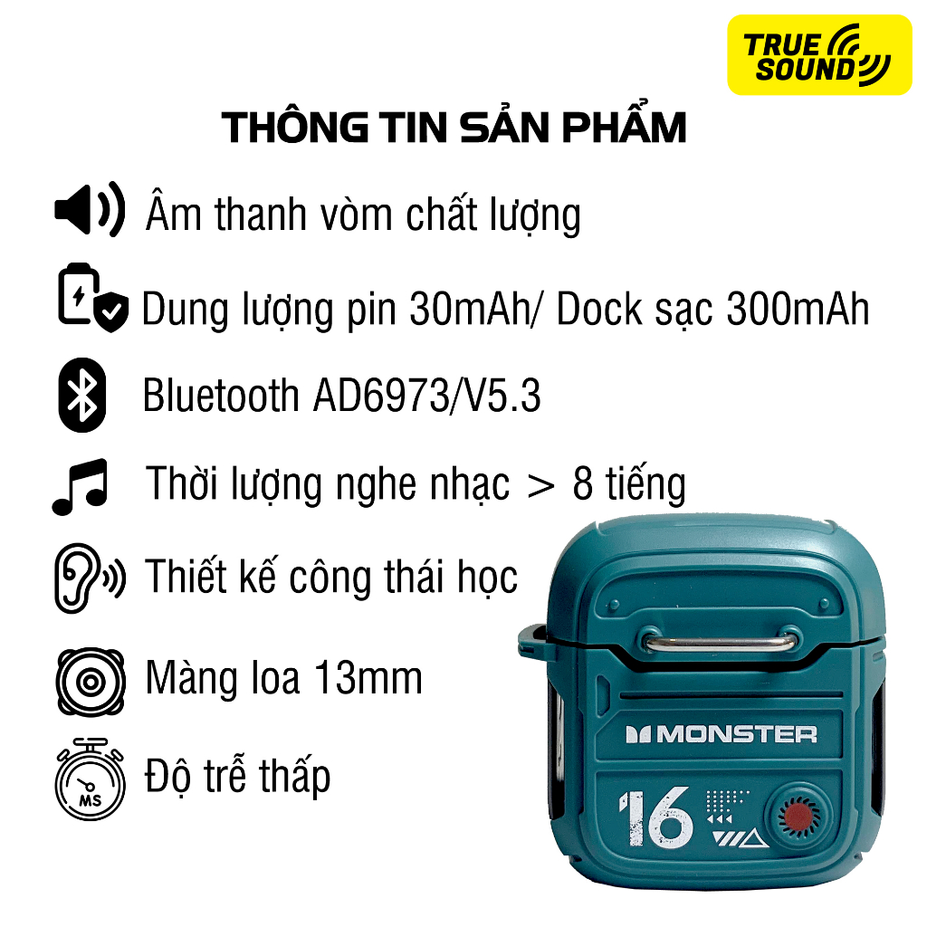 Tai nghe Bluetooth MONSTER XKT16 V5.3. Giảm tiếng ồn, chống nước.