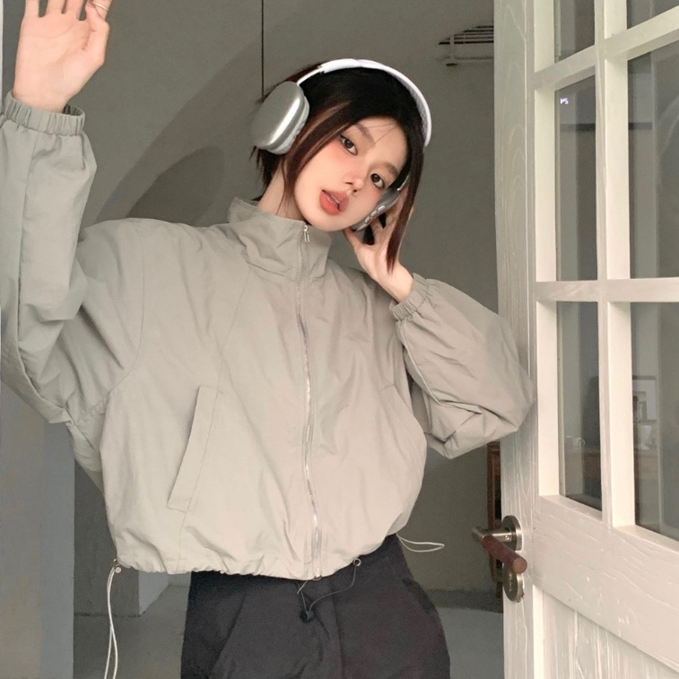 Áo khoác croptop gió dù nữ túi xỏ chất gió nhăn 2 lớp bên trong lót gió lụa thiết kế dây đai đuôi áo