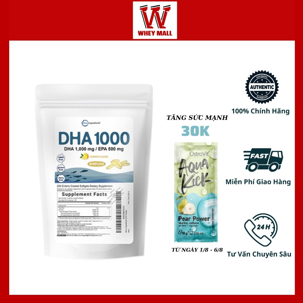 DHA 1000 EPA 500 Micro Ingredients (200 Viên) - Dầu Cá Hỗ Trợ Hệ Tim Mạch, Trí Não, Tăng Cường Thị Lực, Đẹp Da