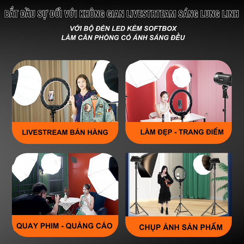 Đèn led livestream studio kèm softbox hỗ trợ chụp ảnh quay hình video có tripod giá đỡ 3 chân cao 2,1m