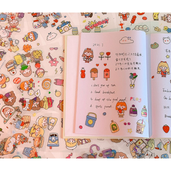 Tấm sticker cute trang trí tập vở, bình nước, bút nước văn phòng phẩm