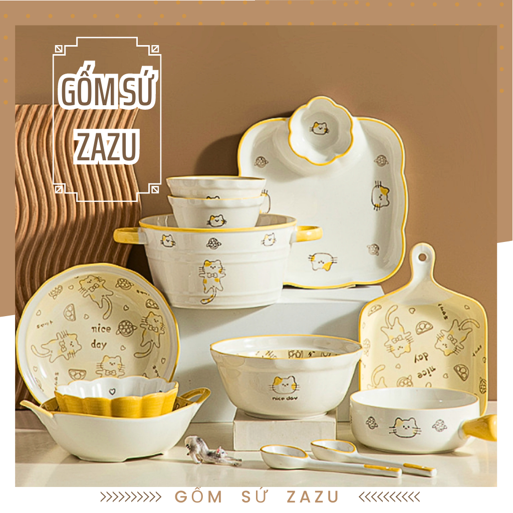 Bộ Chén Đĩa Cao Cấp hình con mèo Gốm Sứ ZAZU, Bát Đĩa Họa Tiết mèo Dễ Thương Nổi Bật