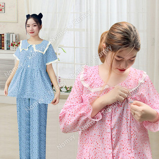 Đồ bộ bầu và sau sinh dài hoa nhí lụa mềm mát (có khóa kéo cho bé ti)