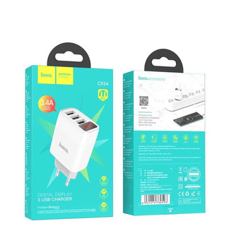 Cốc sạc 3 cổng usb hoco c93a sạc nhanh 3.4a chân tròn màn hình led tiêu chuẩn