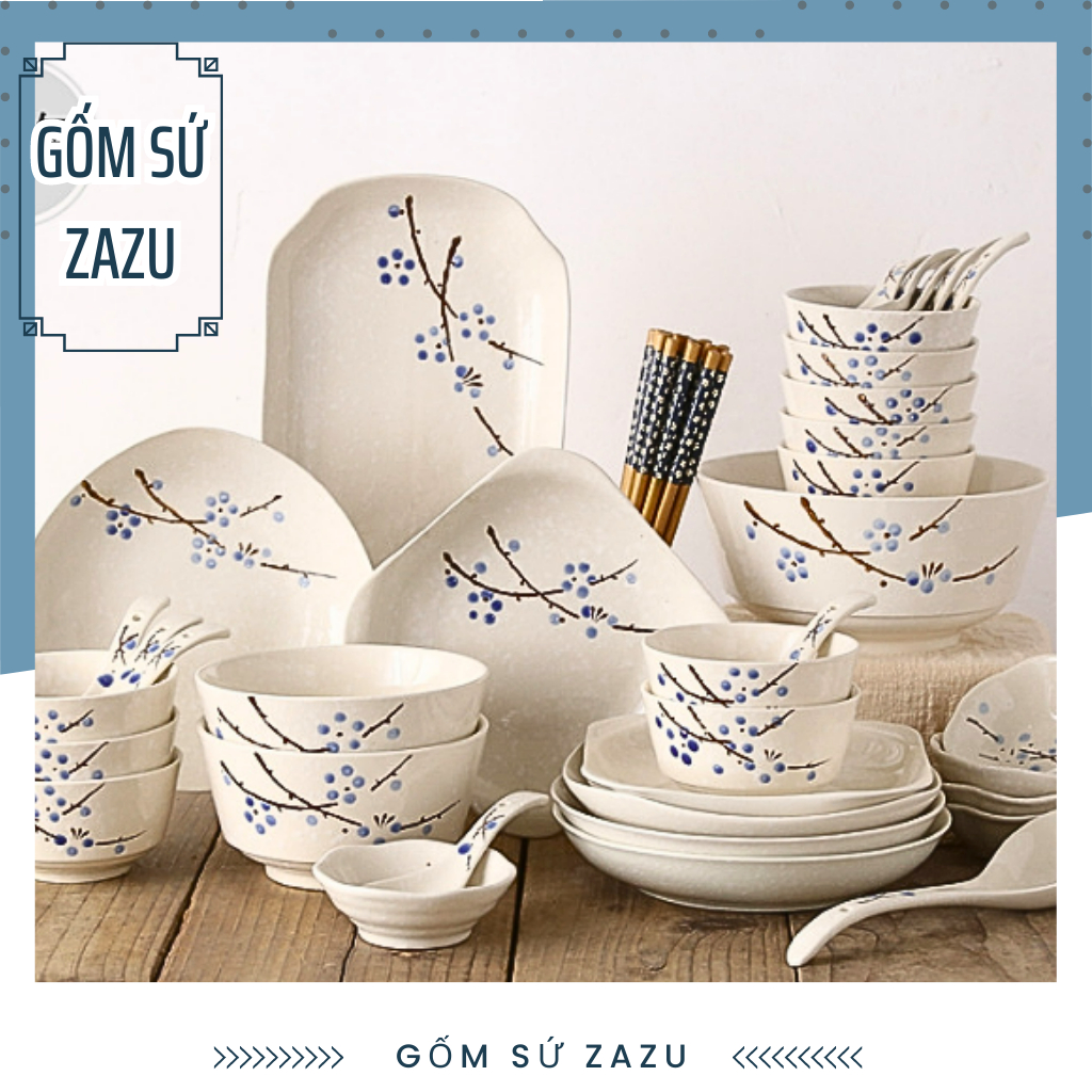 Bộ bát đĩa hoa Cao Cấp Sakura Xanh, Đỏ, chén đĩa hoa Phong Cách Nhật Bản Gốm Sứ ZAZU