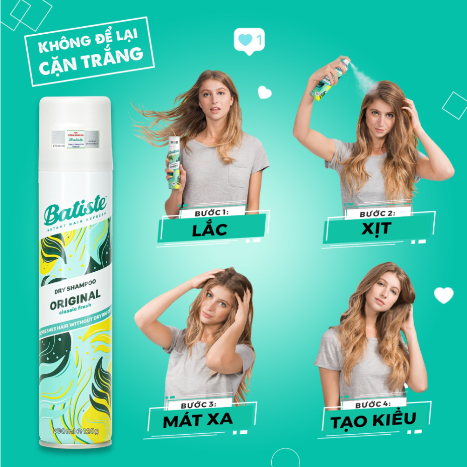 Dầu Gội Khô Batiste Dry Shampoo 200ml Hết Ngứa, Hết Bết Dính Tóc Bồng Bềnh Tức Thì