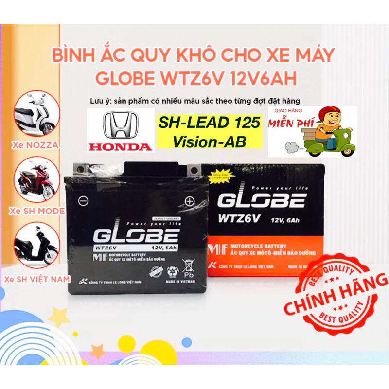 Bình ắc quy khô Globe WTZ6V-E, 12V-6Ah- Xe tay ga SH-Lead 125 -Vision-PCX-AB(Quà tặng)