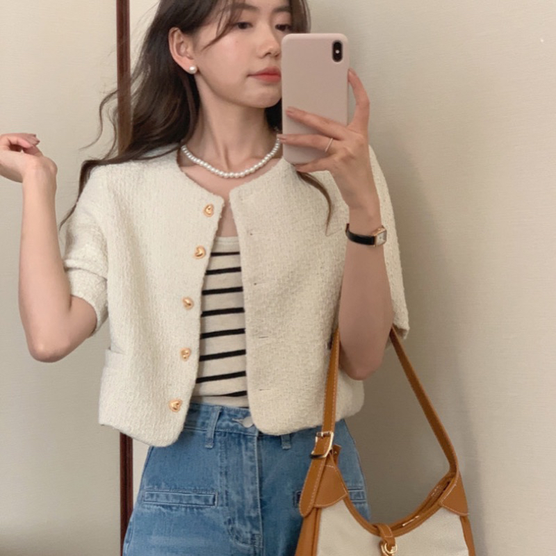 Áo dạ tweed tay cộc nút trái tim dáng ngắn hàn quốc có lớp lót dày dăn ( Ảnh thật )