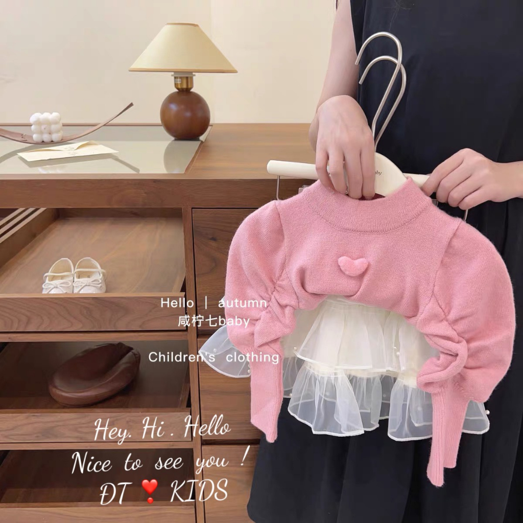 Set váy len nhung dài tay kèm chân váy 3 tầng bồng xịn sò cho bé gái