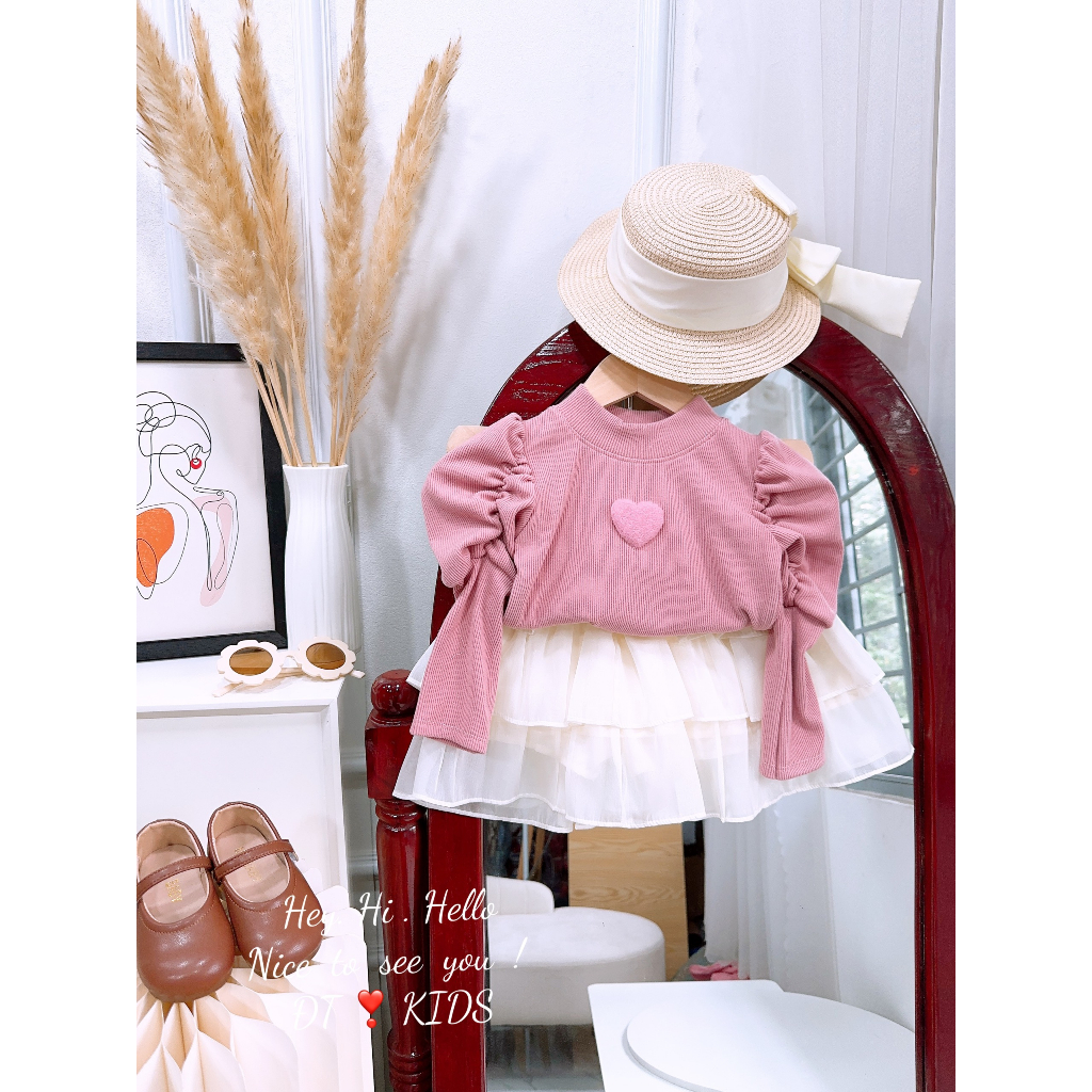 Set váy len nhung dài tay kèm chân váy 3 tầng bồng xịn sò cho bé gái