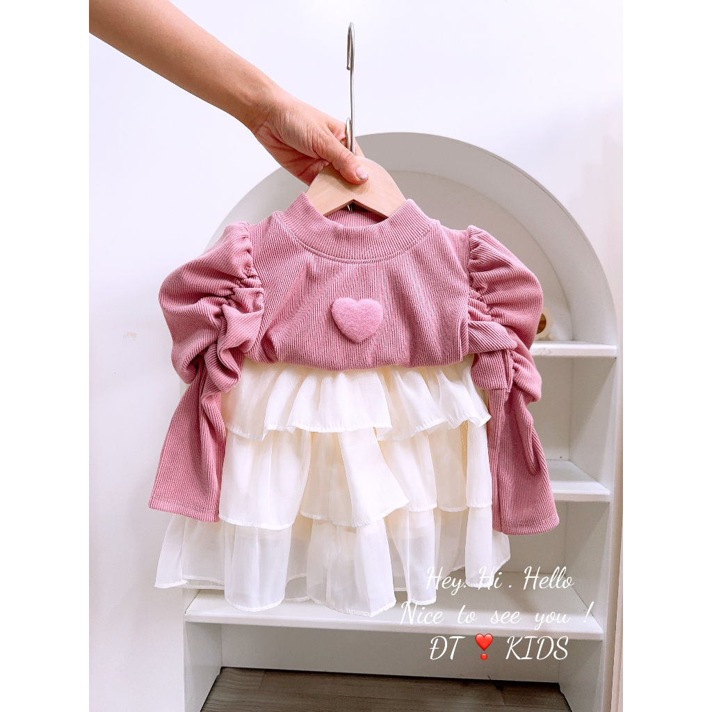 Set váy len nhung dài tay kèm chân váy 3 tầng bồng xịn sò cho bé gái