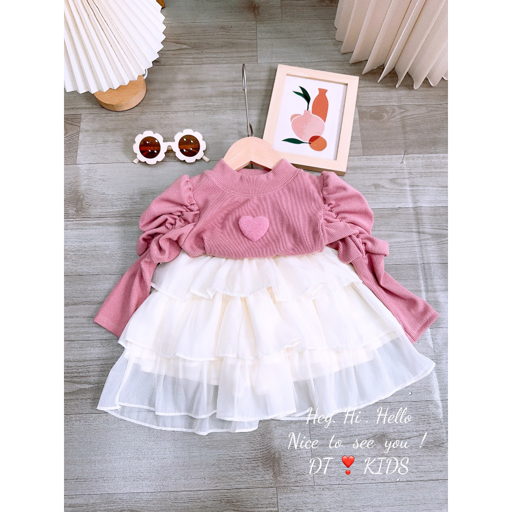 Set váy len nhung dài tay kèm chân váy 3 tầng bồng xịn sò cho bé gái