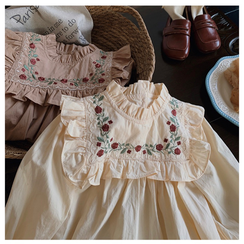 Váy thu đông, váy dài tay,váy thêu hoa cổ đứng phong cách công chúa dành cho bé gái