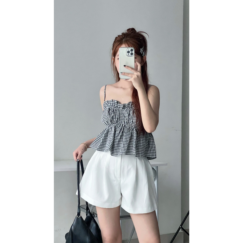 Áo 2 dây croptop Zasic nhún bèo phối ren sang chảnh A04