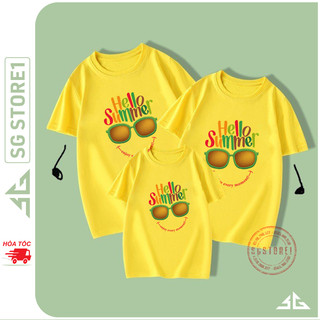 Áo gia đình đồng phục mẫu Hello Summer màu vàng thun cotton dày dặn GD319VD | SGSTORE1