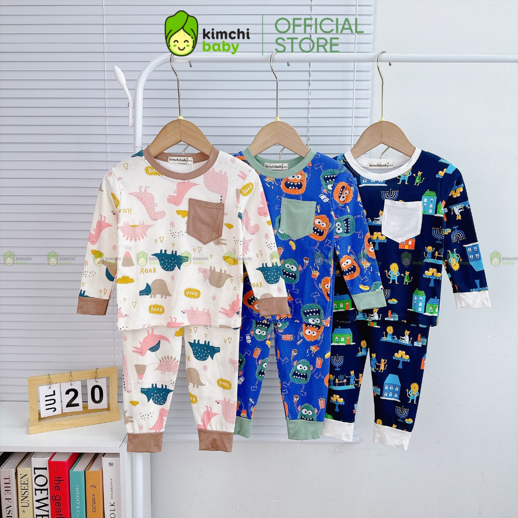 Bộ Dài Tay Cotton Borip Bé Trai KIMCHIBABY Vải Dư Xịn Hoạ Tiết Khủng Long, Đồ Bộ Cho Bé Mặc Nhà MKMTD2220