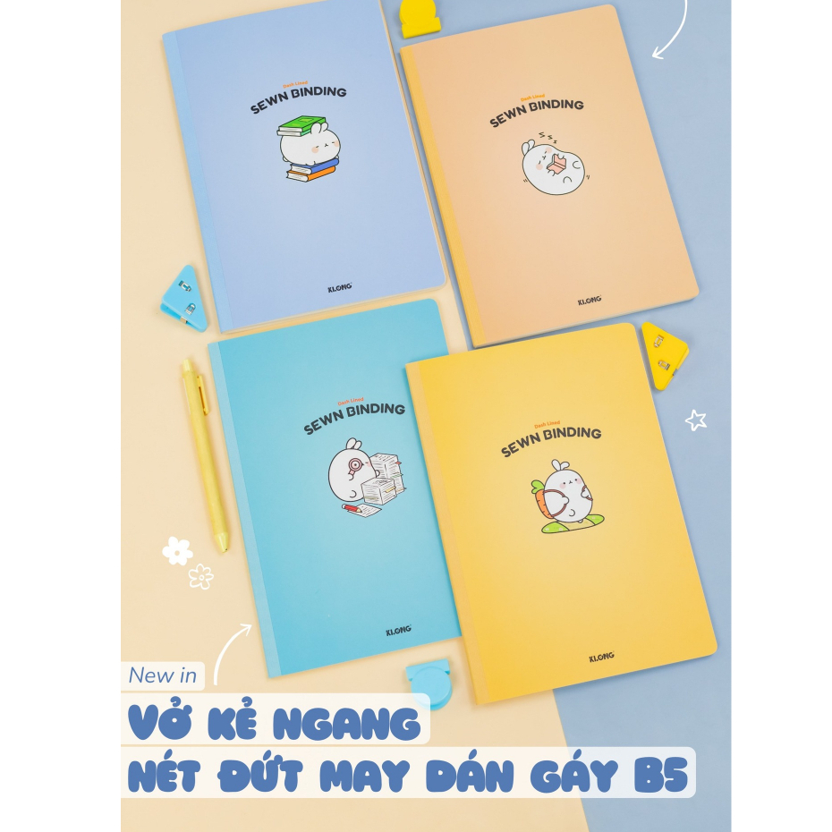 Vở Klong 80-120- 200 trang kẻ ngang dòng chấm B5 may dán gáy bìa màu Pastel sổ Klong giấy dày VPP KLONG
