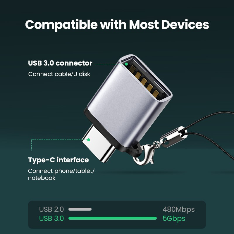 Đầu chuyển Otg Type C sang USB 3.0 Ugreen vỏ nhôm, truyền dữ liệu tốc độ cao, bảo hành 12 tháng