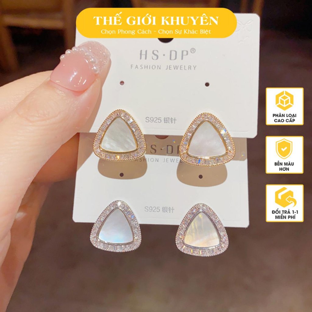 Bông tai hình thoi Thế Giới Khuyên mặt khảm xà cừ trơn bóng viền đá zircon