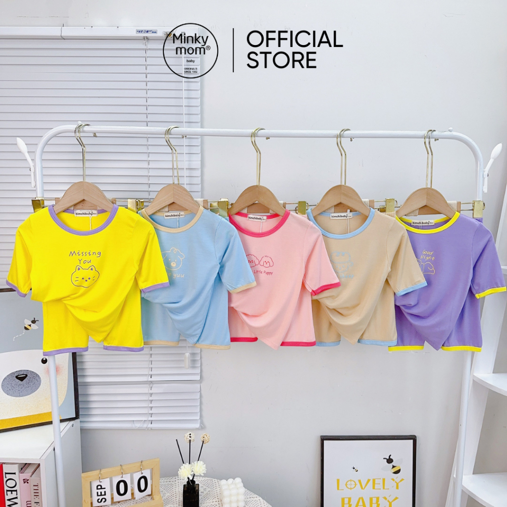 Đồ Bộ Cho Bé Trai, Bé Gái KIMCHIBABY Vải Thun Lạnh  In Chữ Little Puppy, Bộ Dài Tay Cho Bé Mặc Nhà KCTD306