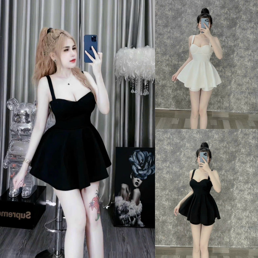 Sét Quần Đùi Phối Váy Xòe 2 Dây Xếp Ly Sam Closet Phù Hợp Để Tới Công Sở, Đi Làm Hoặc Đi Chơi.