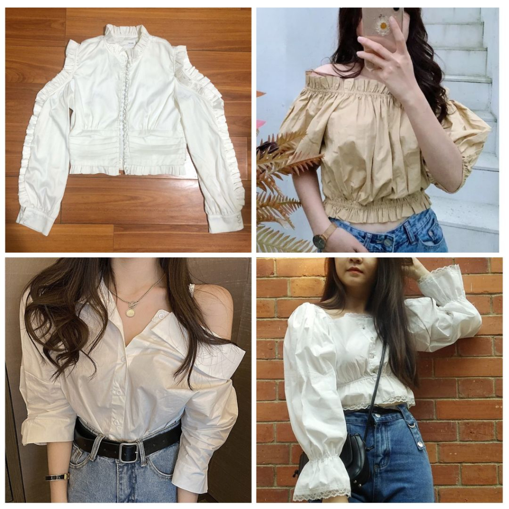 Pass áo somi áo kiểu hở vai - Sơ mi bệt vai tay bồng / phối ren , croptop lụa trắng bèo tay dài khoét vai cổ tàu đứng