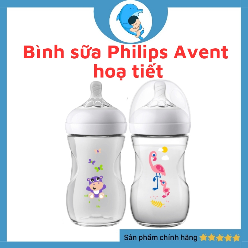 Bình Sữa Philips Avent Natural 260ml hoạ tiết chim hạc và hà mã