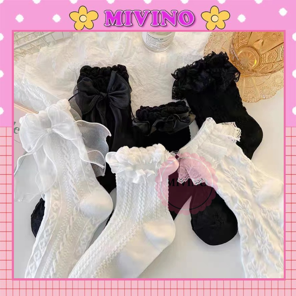 Tất ren Mivino vớ phối ren đính nơ phong cách lolita Nhật Bản dễ thương TN165