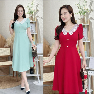 Đầm xòe cổ phối ren, đính nút, tay phồng - gr0284