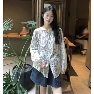 Set/bộ áo sơ mi hoa nhí xanh cổ tròn kèm quần shorts ổng rộng cá tính - sốp nhỏ order taobao - sn0003