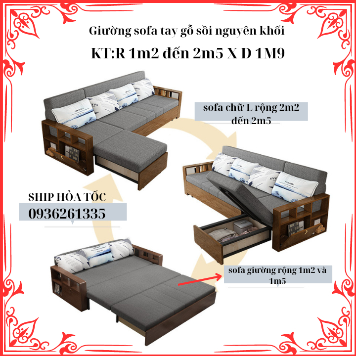 Giường sofa tay gỗ sồi nguyên khối thông minh gấp gọn,khung thép chăc chắn tích hợp ngăn chứa đồ,Kt:1m5 x 1m95