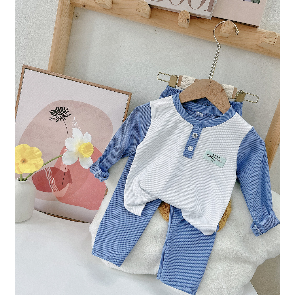 Đồ bộ thu đông cho bé trai , Set bộ quần áo dài tay tăm mềm cúc ngực cho bé trai