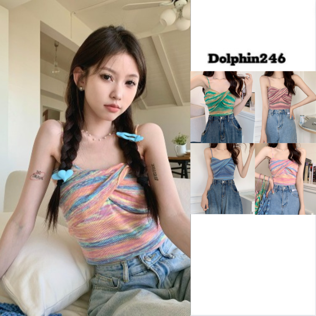 Áo 2 dây croptop xoắn ngực xinh xắn áo len dệt kim cho nữ không tay nhiều màu sắc cầu vồng nổi bật cá tính C2-14.1