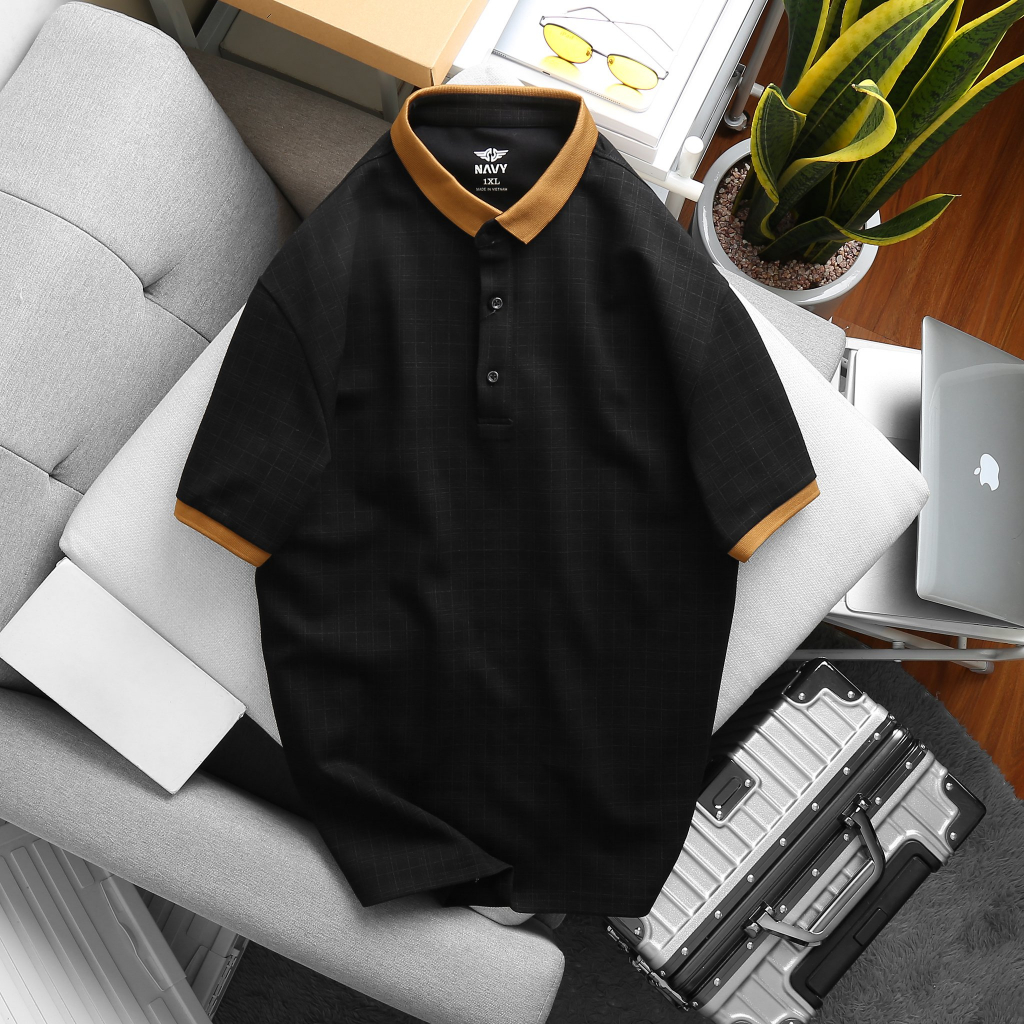 BIGSIZE NAM 80-140KG ÁO POLO ĐEN PHỐI NÂU Ô VUÔNG 2BIG NAVY STAR