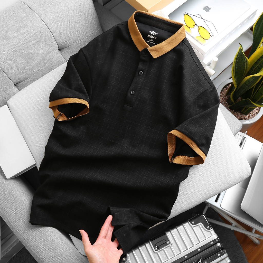 BIGSIZE NAM 80-140KG ÁO POLO ĐEN PHỐI NÂU Ô VUÔNG 2BIG NAVY STAR