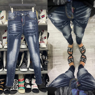  Quần jean bò nam Dsq2 biker slimfit xanh wash bạc trơn vảy sơn dập nhăn 3D đơn giản cháy phố QJ298P 