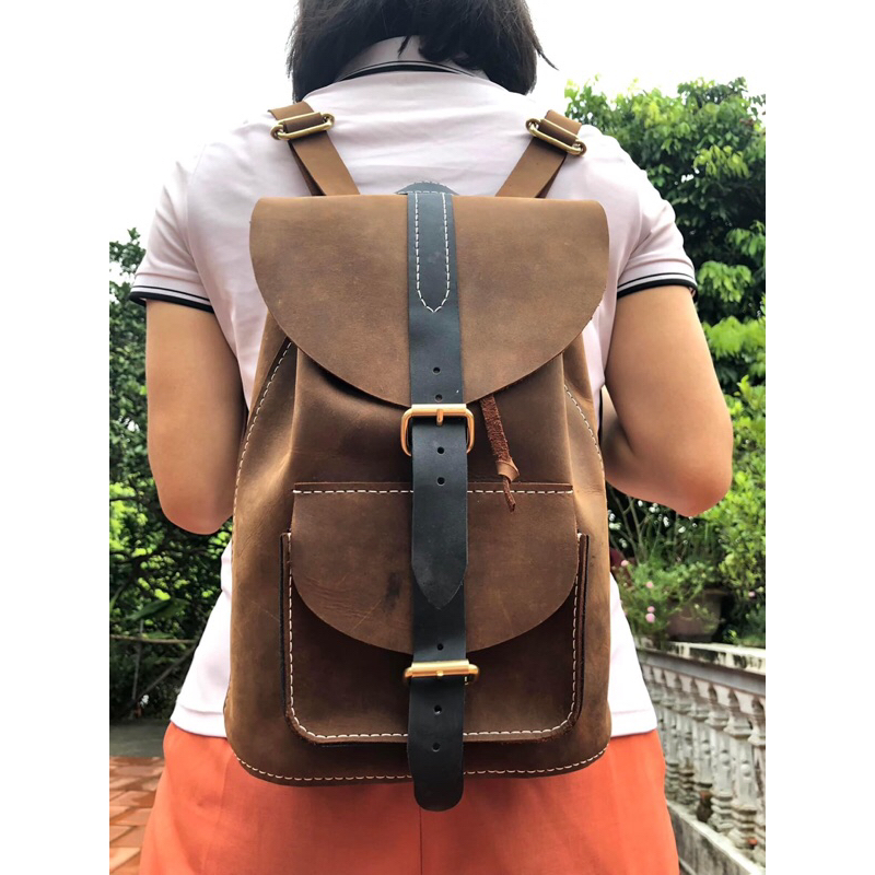 Balo da bò sáp thổ khâu tay thủ công, handmade từ da bò thật kích thước 30x20x10