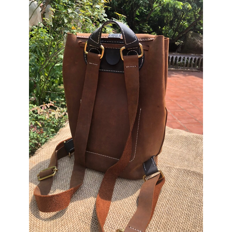 Balo da bò sáp thổ khâu tay thủ công, handmade từ da bò thật kích thước 30x20x10