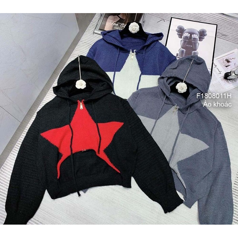 Áo khoác len croptop khóa kéo có mũ chùm ngực phối hình ngôi sao sang trọng VIENS STORE