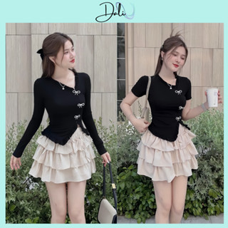 Set Áo Cổ Bèo Xẻ Vạt Kèm Nơ Đá + Chân Váy Đũi 3 Tầng Có Quần Trong, Set Tiểu Thư Sang Chảnh