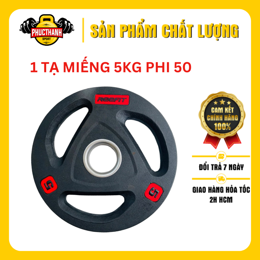 Tạ miếng tạ bánh cao su 3 lỗ REEFIT 5kg phi 50 (1 miếng)